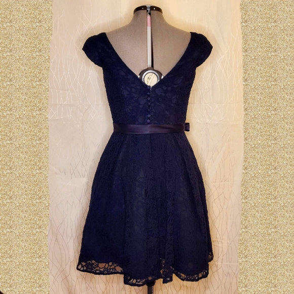 Morilee Navy Knee Length Lace Bridesmaid Dress - Picture 5 of 9